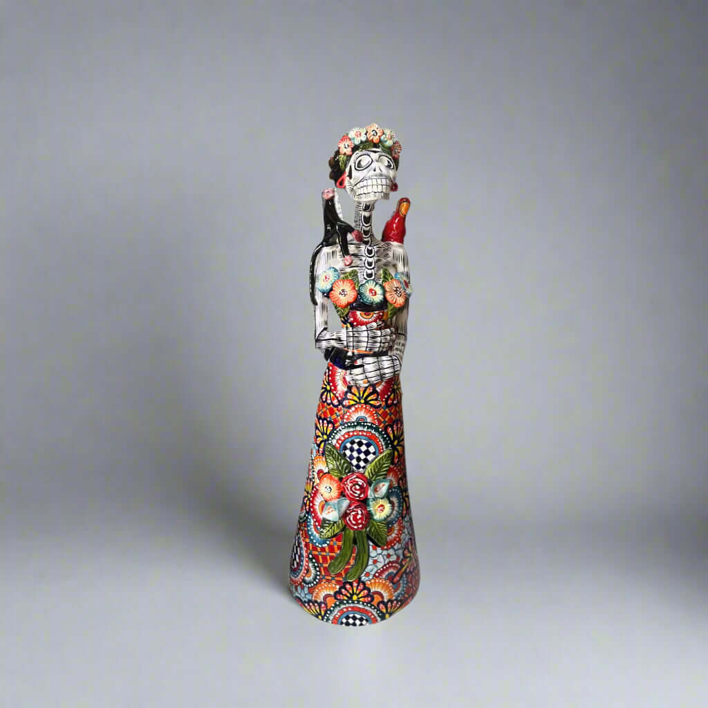 Talavera Catrina Statue | 33" Tall Day of the Dead Ceramic Figurine handcrafted Talavera with floral patterns, bird on shoulder and monkey detail