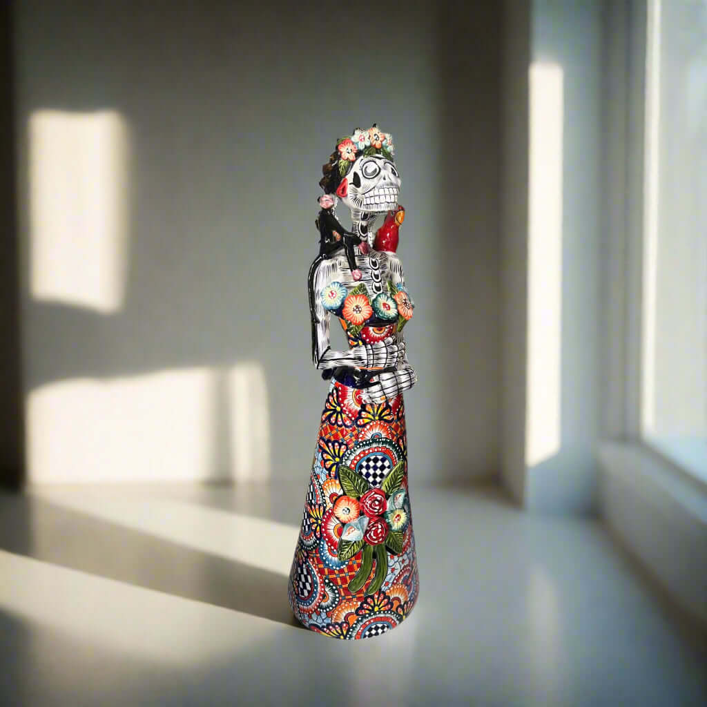 Talavera Catrina Statue | 33" Tall Day of the Dead Ceramic Figurine hand-painted Talavera Catrina with bird and monkey accents