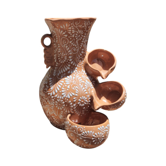 Talavera Ceramic Fountain | Brown & White Relief Design, beautiful earthenware with floral patterns.