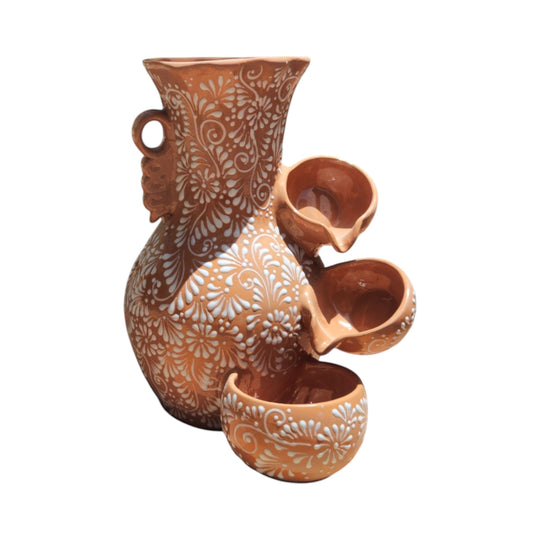 Talavera Ceramic Fountain | Brown & White Relief Design with floral patterns