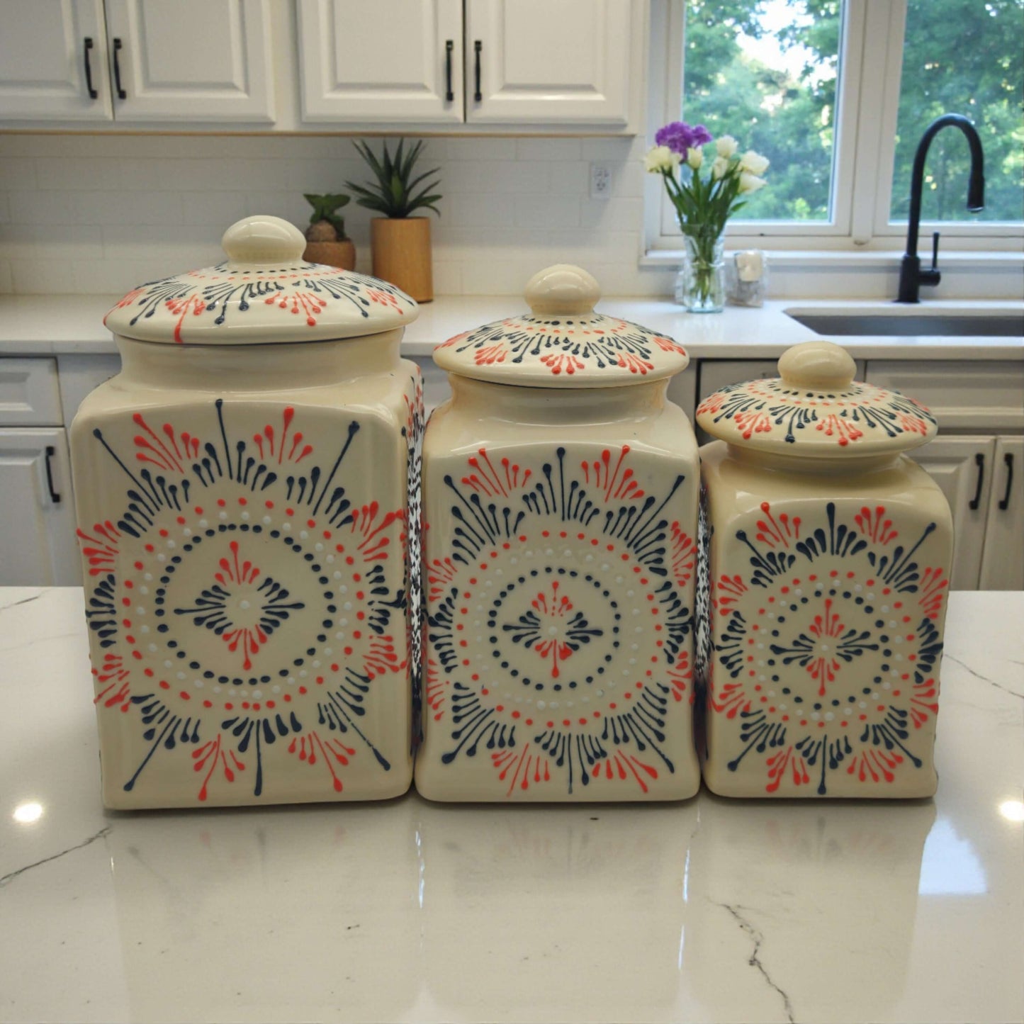Talavera Ceramic Kitchen Canister Trio | White Multicolor Set - handcrafted white ceramic canisters with multicolor floral geometric Talavera design