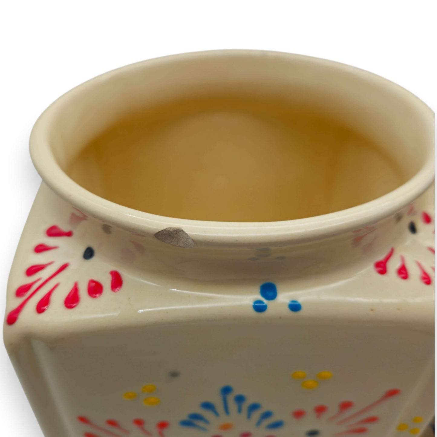 Talavera Ceramic Kitchen Canister Trio | White Multicolor Set close-up of handcrafted white canister with multicolor floral motifs and small rim chip