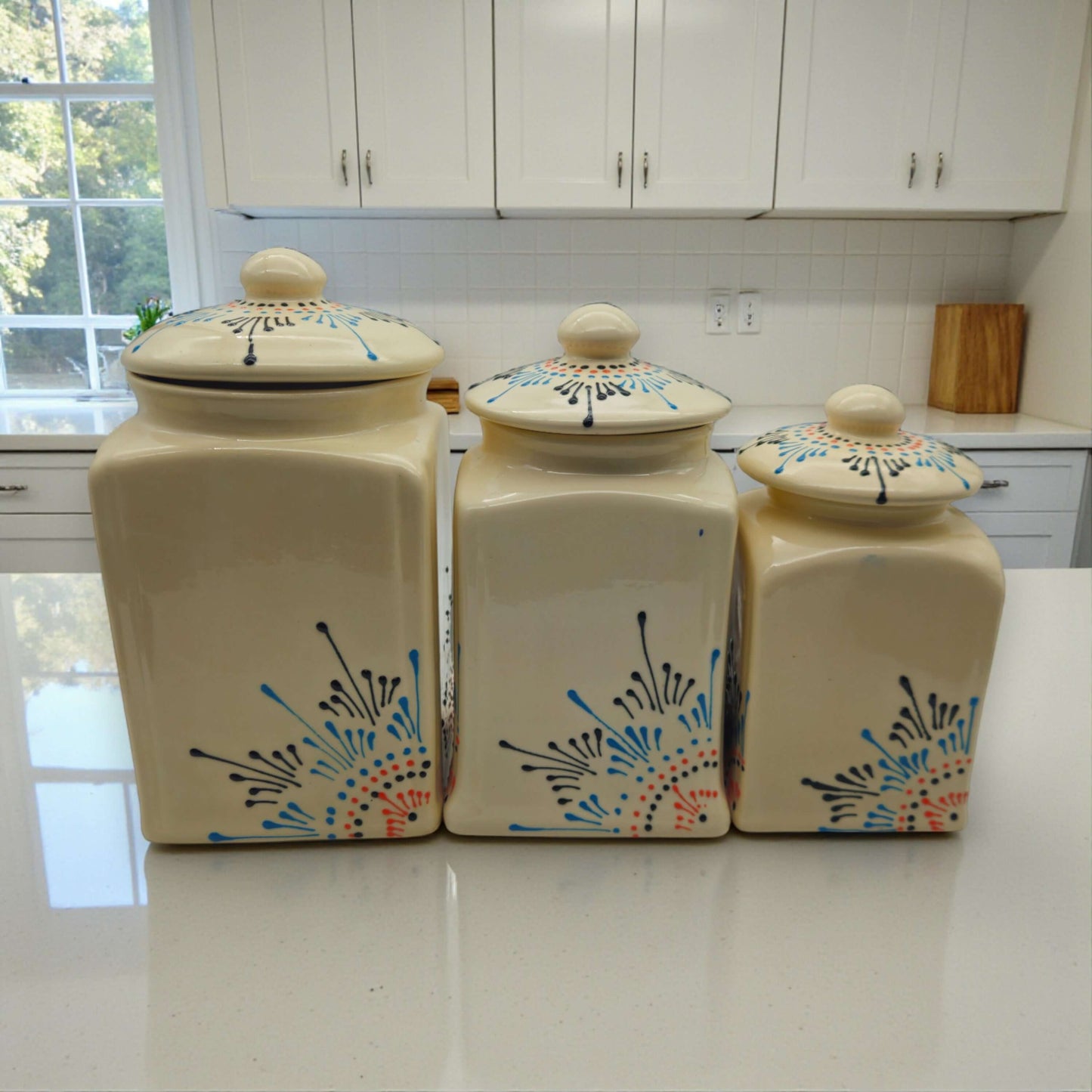Talavera Ceramic Kitchen Canister Trio | White Multicolor Set - handcrafted Talavera ceramic canisters with multicolor floral motifs on white