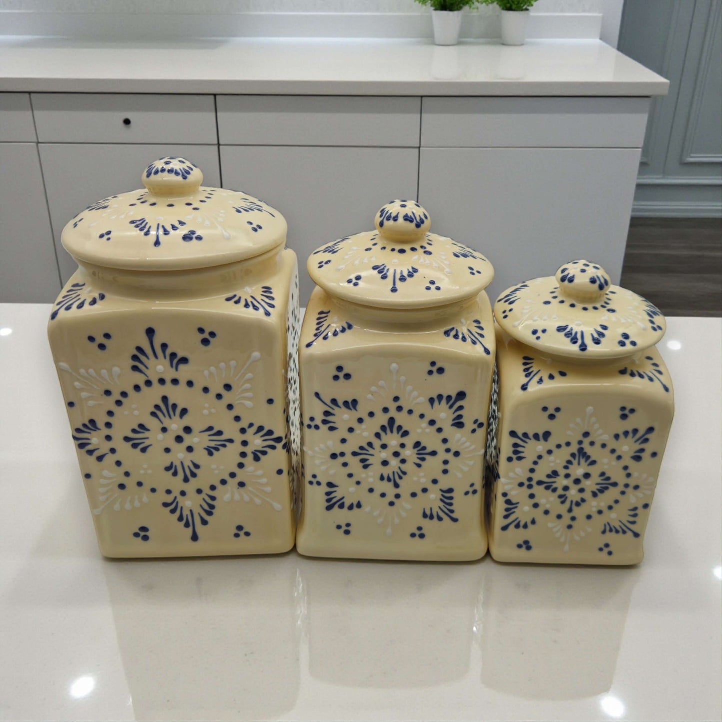 Talavera Ceramic Kitchen Canister Trio | White Multicolor Set - handcrafted white canister set with blue floral Talavera motifs