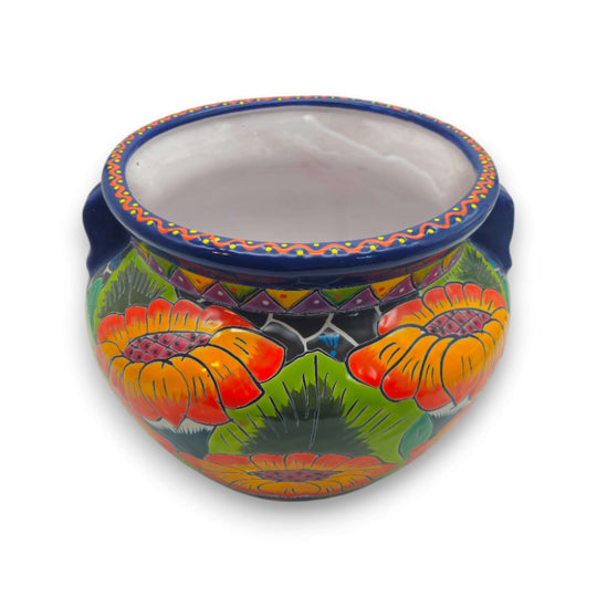 Talavera Ceramic Planter | Bright Sunflower Pot - hand-painted Talavera planter with vivid sunflower motifs, blue rim, made in Guanajuato, Mexico