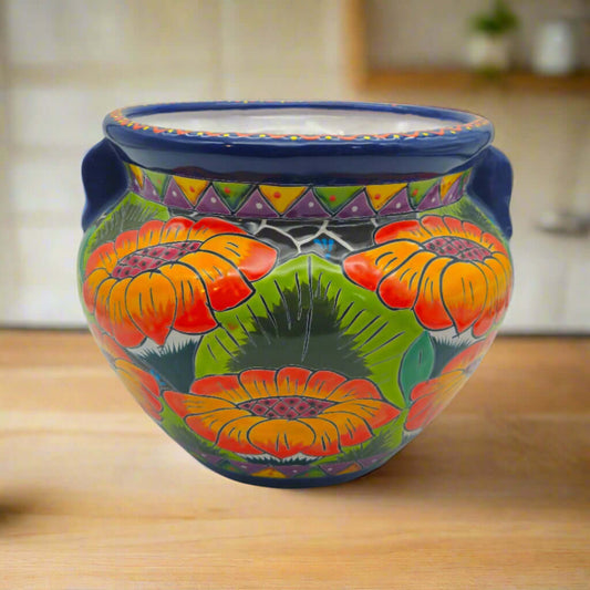 Talavera Ceramic Planter | Bright Sunflower Pot hand-painted sunflower motif, vibrant blue rim, handcrafted in Guanajuato, lead-free glazed ceramic