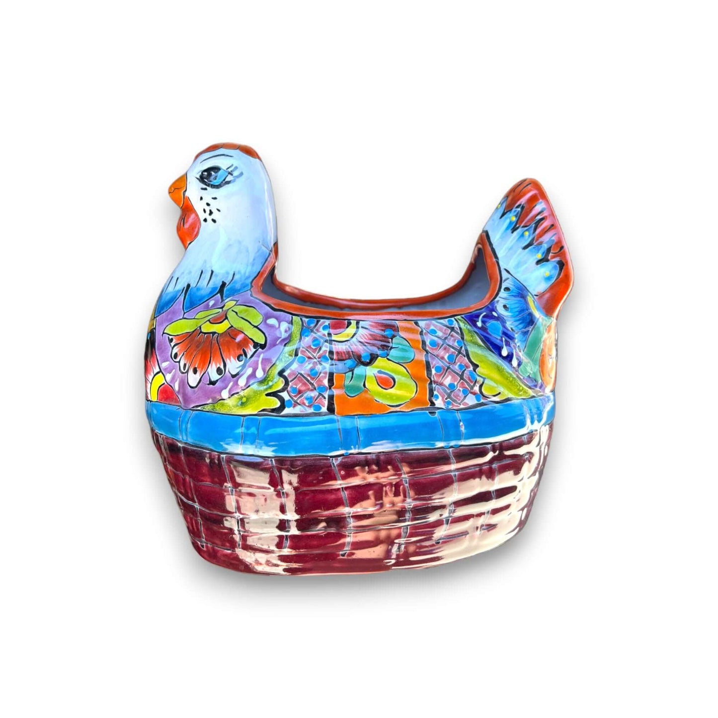 Talavera Chicken Planter | Large Hand-Painted Mexican Pottery Statue - vibrant hand-painted Talavera chicken planter from Guanajuato