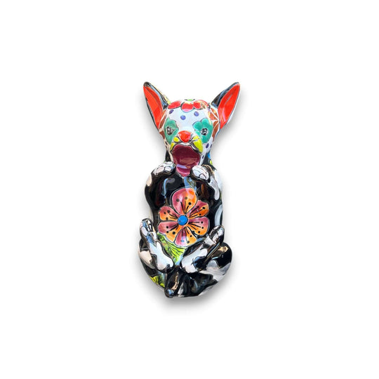 Talavera Chihuahua Bottle Holder | Hand-Painted Mexican Dog Statue - hand-painted black multicolor floral ceramic chihuahua bottle holder