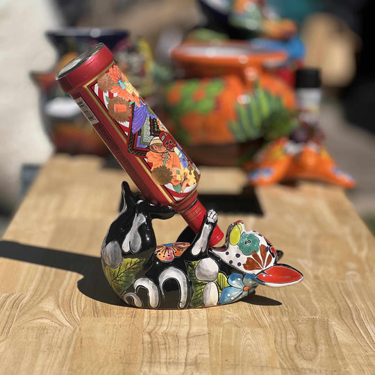 Talavera Chihuahua Bottle Holder | Hand-Painted Mexican Dog Statue - black floral kiln-fired ceramic wine bottle holder