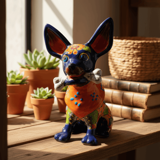 Talavera Chihuahua dog statue holding a bone in a warm tabletop setting