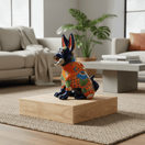 Side view of a colorful Talavera Chihuahua dog statue holding a bone