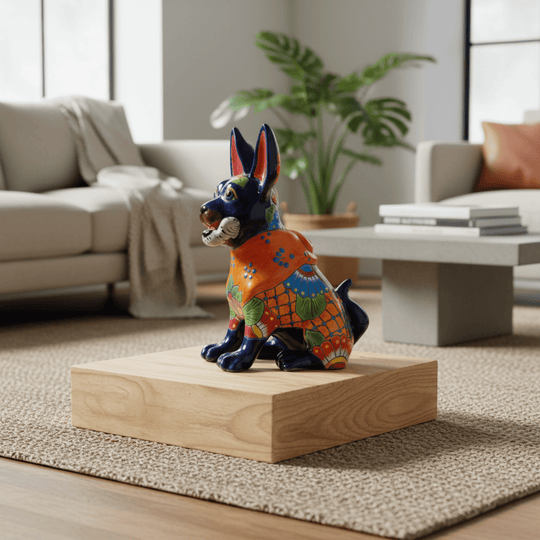 Side view of a colorful Talavera Chihuahua dog statue holding a bone