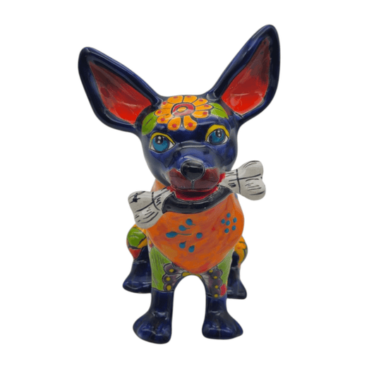 Talavera Chihuahua Dog Statue With Bone - white background product view 4