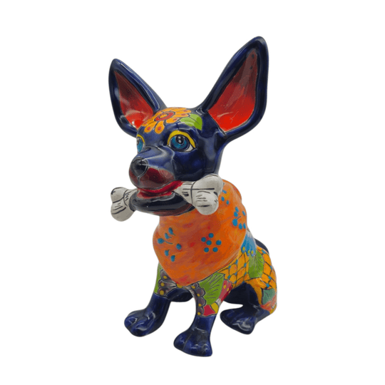 Talavera Chihuahua Dog Statue With Bone - white background product view 6