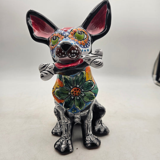 Talavera Chihuahua Holding Bone — TGH-5962; actual product against its original background.