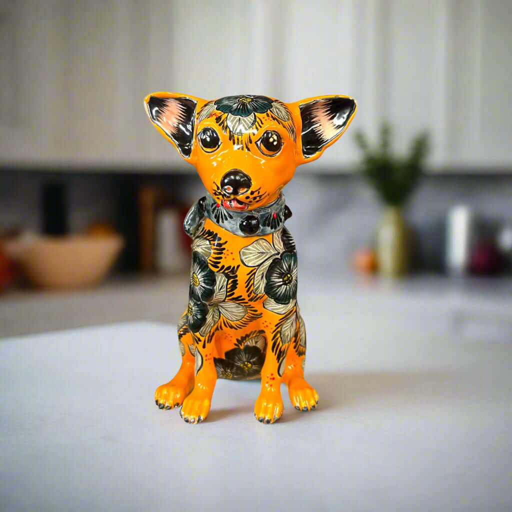 Hand-Painted Talavera Chihuahua Statue | Vibrant Folk Art