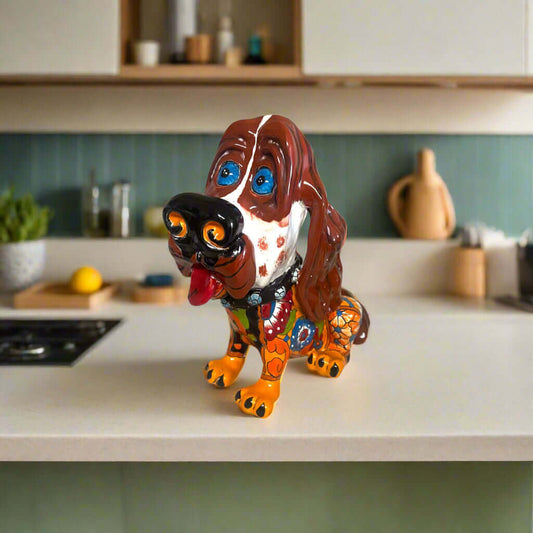 Talavera Cocker Spaniel Statue | Colorful Hand-Painted Mexican Dog Art - hand-painted Talavera dog statue with floppy ears on kitchen counter