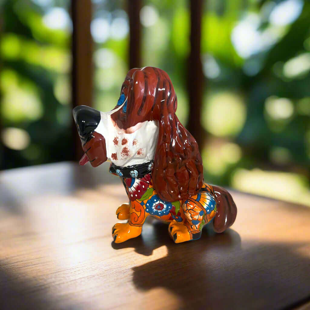 Talavera Cocker Spaniel Statue | Colorful Hand-Painted Mexican Dog Art - hand-painted Talavera ceramic cocker spaniel with floral pattern