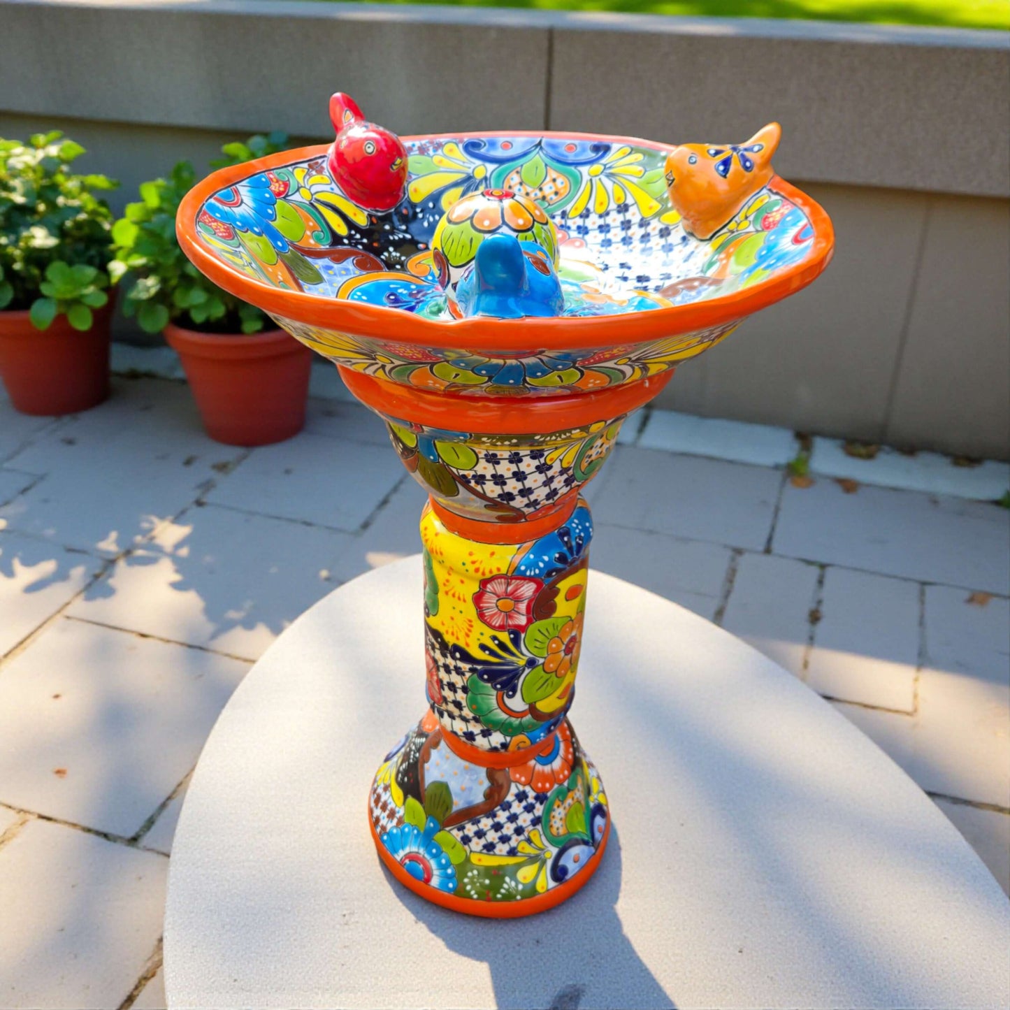 Talavera Bird Bath with Center Ball | Colorful Mexican Garden Art - handpainted floral ceramic birdbath with raised center ball