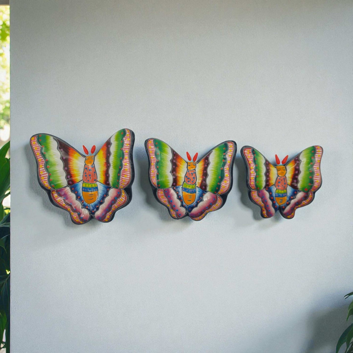 Colorful Talavera Butterfly Trio | Mexican Ceramic Wall Art hand-painted kiln-fired lead-free glaze vibrant pink blue orange green butterflies