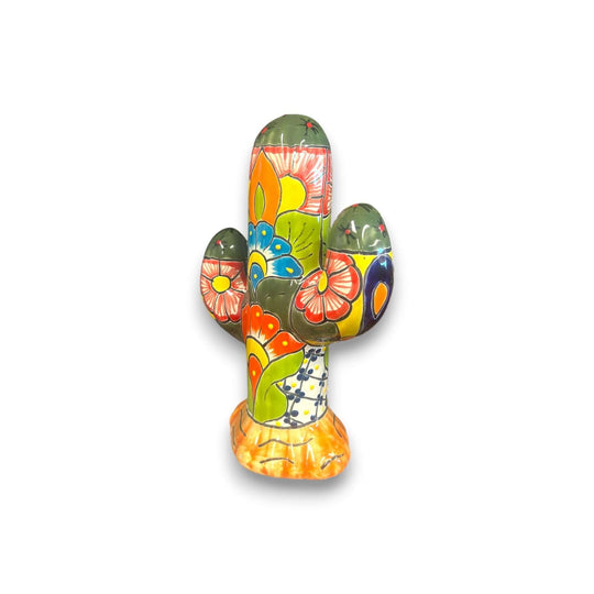 Colorful Talavera Cactus Sculpture | Mexican Ceramic Decor - hand-painted Talavera cactus with green glaze and multicolor floral motifs