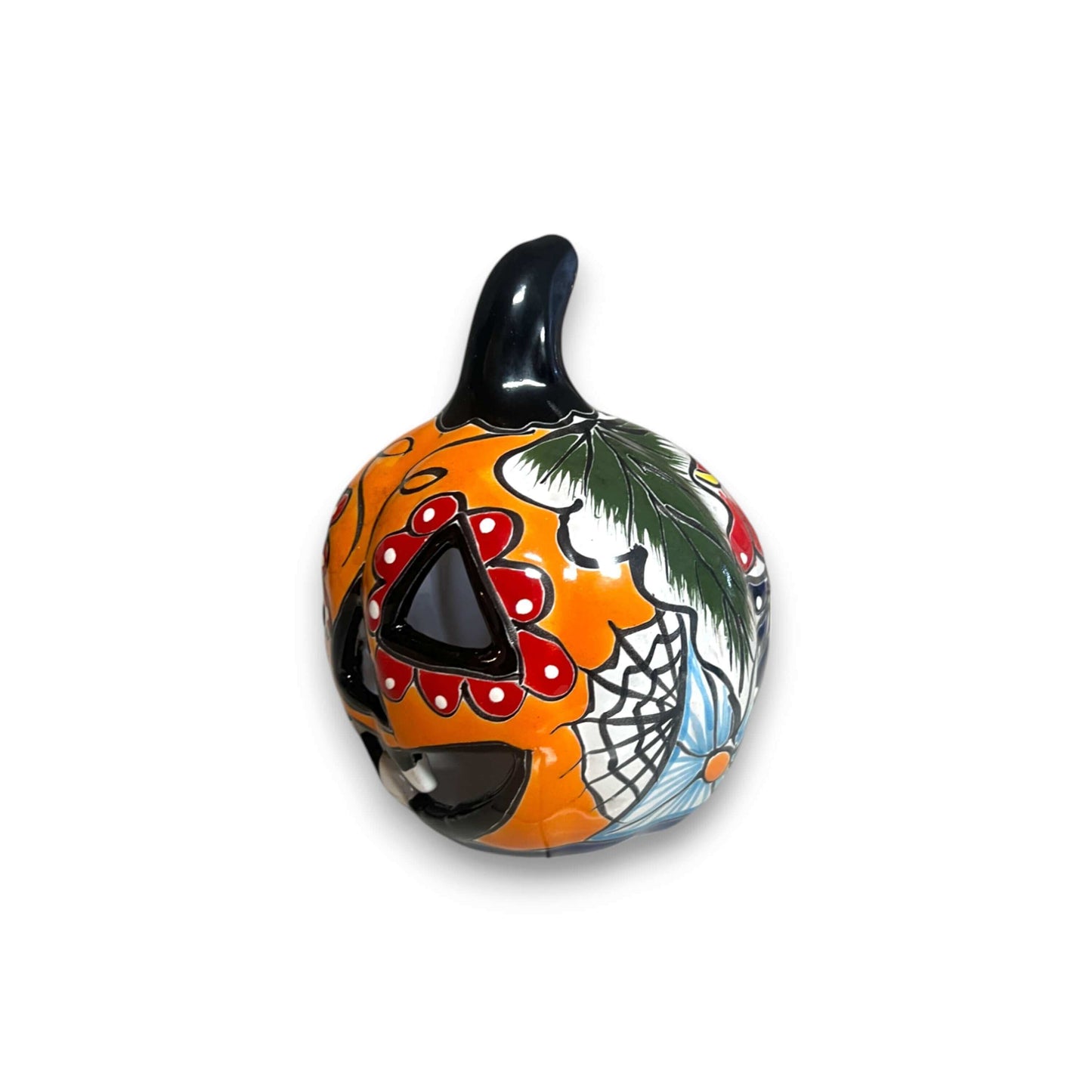 Talavera Jack-O'-Lantern | Colorful Mexican Pumpkin Decor hand-painted orange ceramic pumpkin with floral motifs and black stem