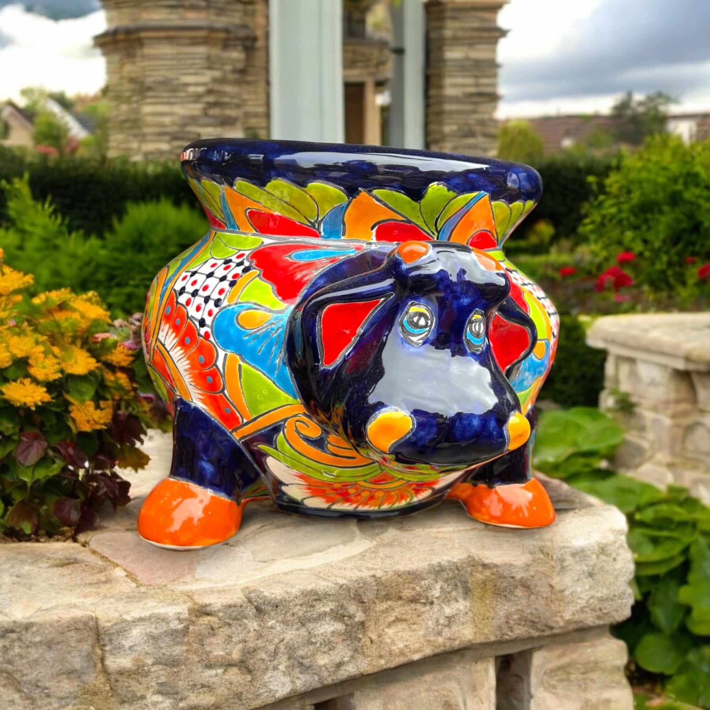Talavera Cow Planter | Handcrafted Mexican Pottery for Home & Garden vibrant hand-painted Talavera cow planter with colorful floral patterns