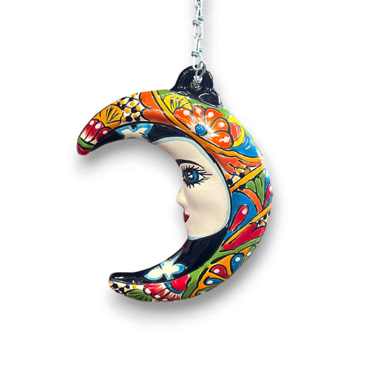 Talavera Crescent Moon Face | Hanging Mexican Wall Art - hand-painted Talavera crescent moon with serene face, vibrant reds and blues, hanging wall decor