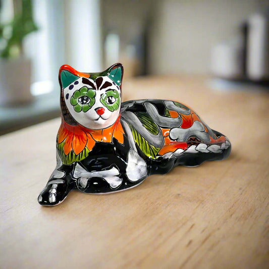 Talavera Cat Statue | Day of the Dead Mexican Ceramic Decor - hand-painted black ceramic cat with colorful floral and skeletal details