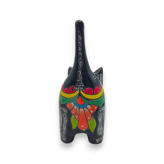 Talavera Cat Figurine | Day of the Dead Handcrafted Art - hand-painted black ceramic cat with colorful floral and skeletal motifs