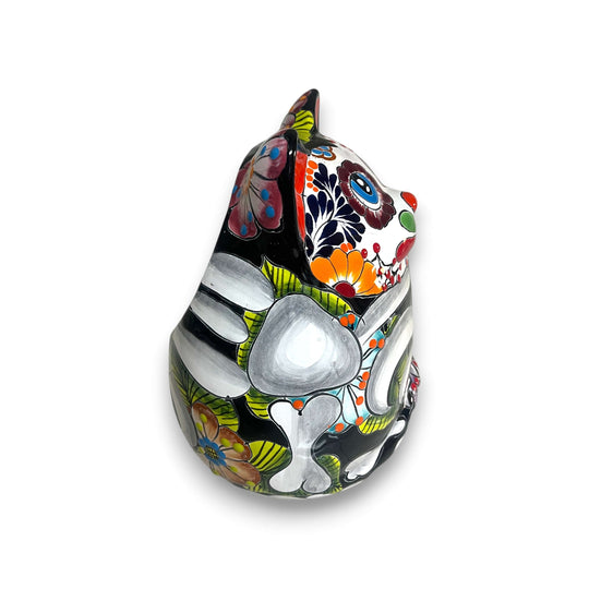 Talavera Fat Cat Planter | Day of the Dead Ceramic Art - hand-painted Mexican cat planter with colorful floral Day of the Dead motif