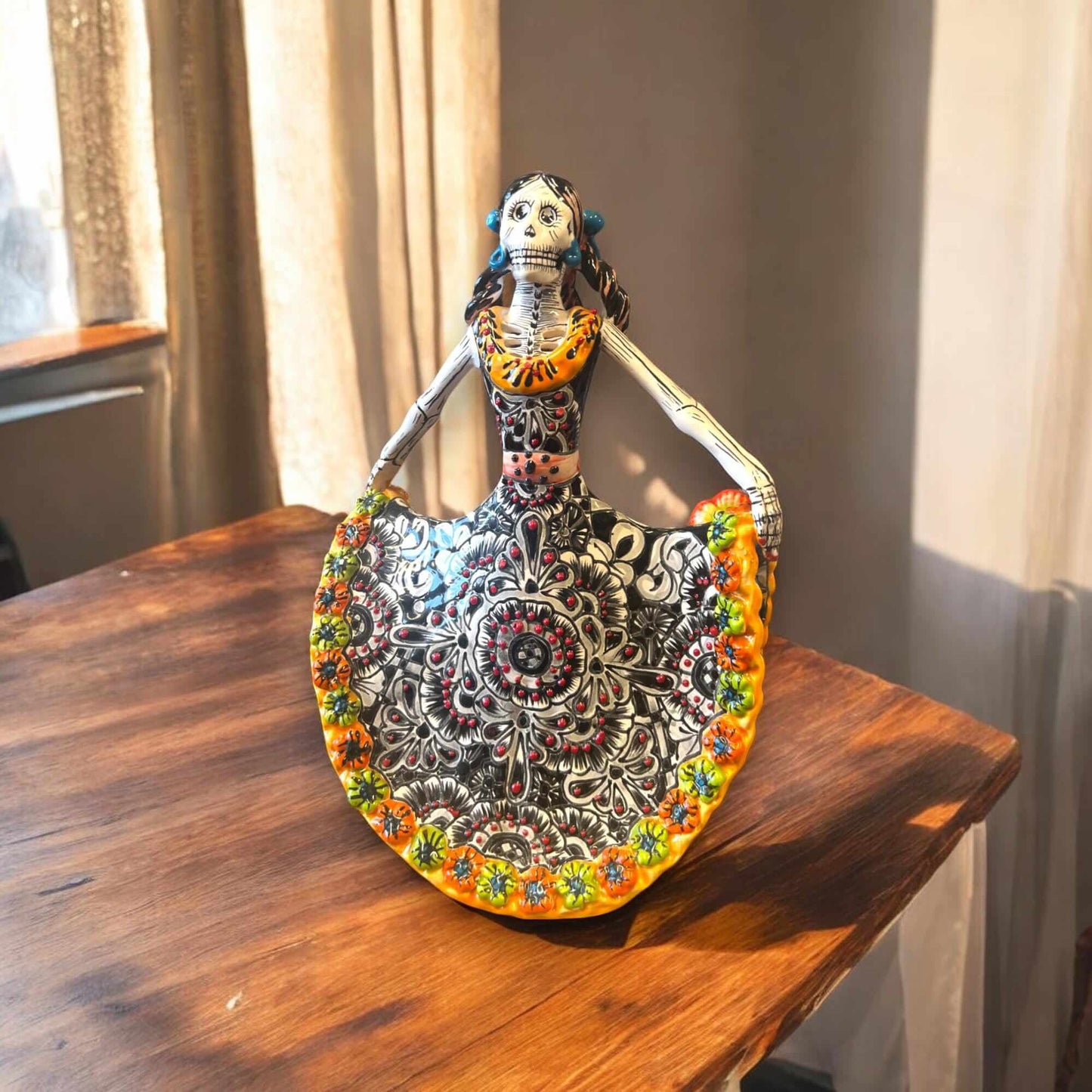 Talavera Day of the Dead Catrina | Colorful Dress Figurine hand-painted Talavera skeleton figurine with flowing wavy dress, floral trim, glazed from Guanajuato