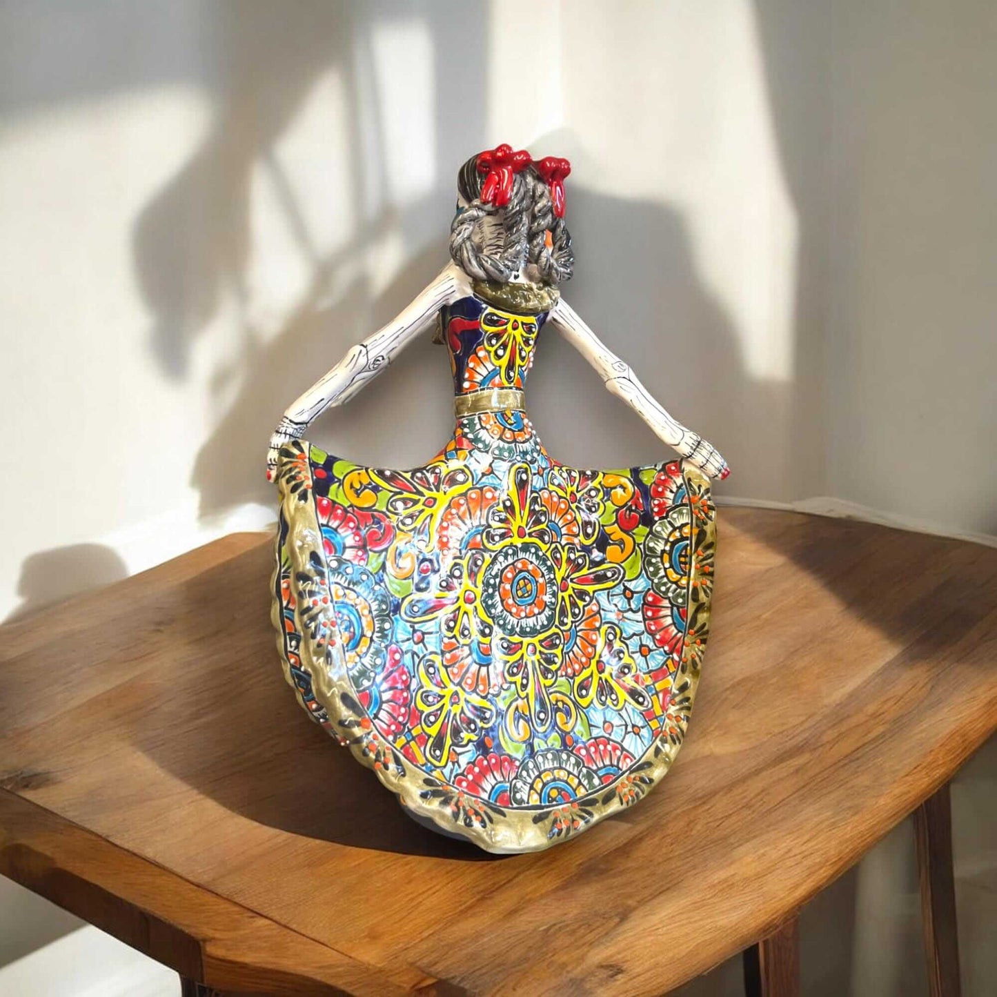 Talavera Day of the Dead Catrina | Colorful Dress Figurine - hand-painted Talavera skeleton with flowing wavy dress from Guanajuato, vibrant colors