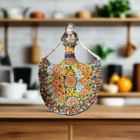 Talavera Day of the Dead Catrina | Colorful Dress Figurine hand-painted Talavera skeleton in flowing colorful wavy dress, kiln-fired lead-free glaze, Guanajuato