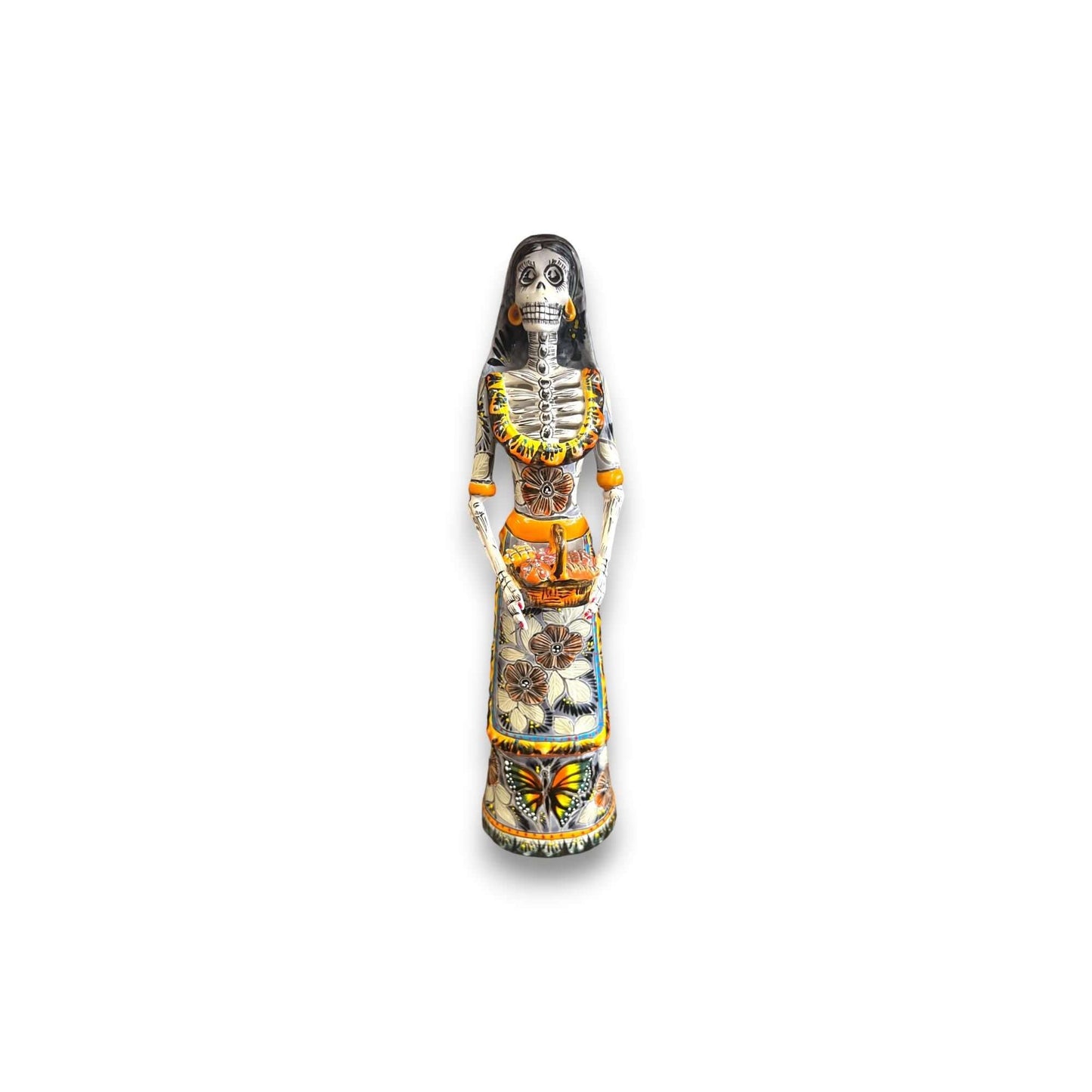 Talavera Day of the Dead Catrina | Pan Dulce Wedding Decoration hand-painted Talavera Catrina statue in orange, yellow and black for wedding decor