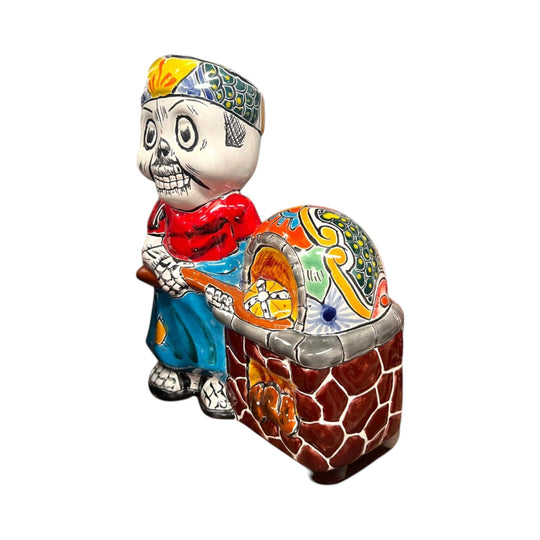 Talavera Skeleton Cook | 8" Day of the Dead Chef Figurine with Oven hand-painted Talavera calavera chef next to Mexican oven