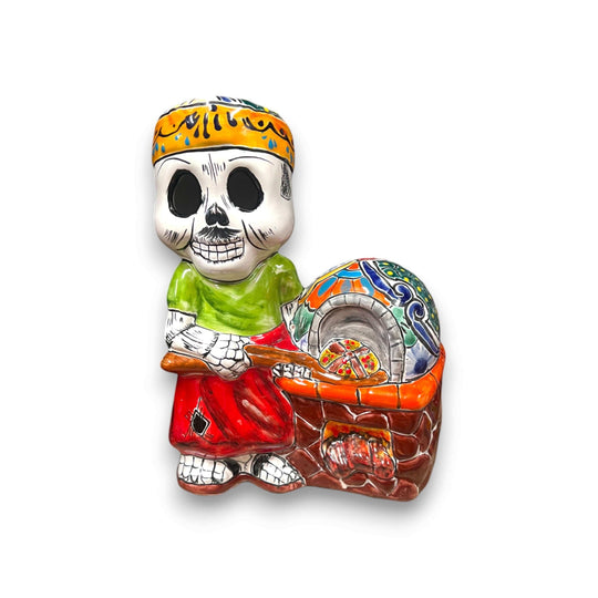 Talavera Skeleton Cook | 8" Day of the Dead Chef Figurine with Oven - hand-painted Talavera calavera chef with red pants and green shirt