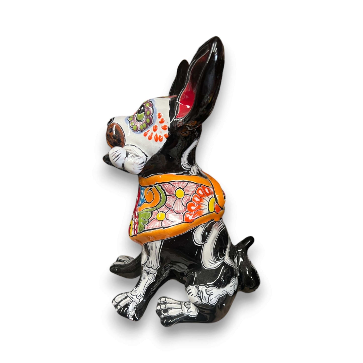 Alt Tag: Talavera Chihuahua Holding Bone | Day of the Dead Dog Figurine - hand-painted Talavera chihuahua with floral Día de los Muertos design