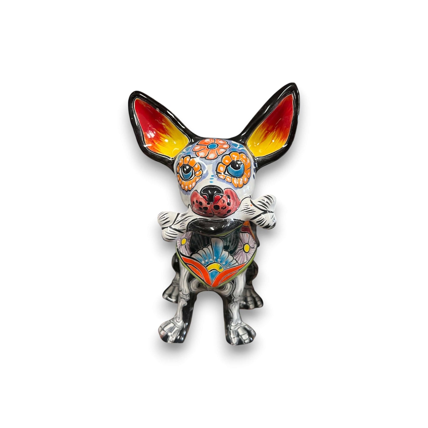 Talavera Chihuahua Holding Bone | Day of the Dead Dog Figurine - hand-painted Talavera Chihuahua with floral Día de los Muertos design holding bone