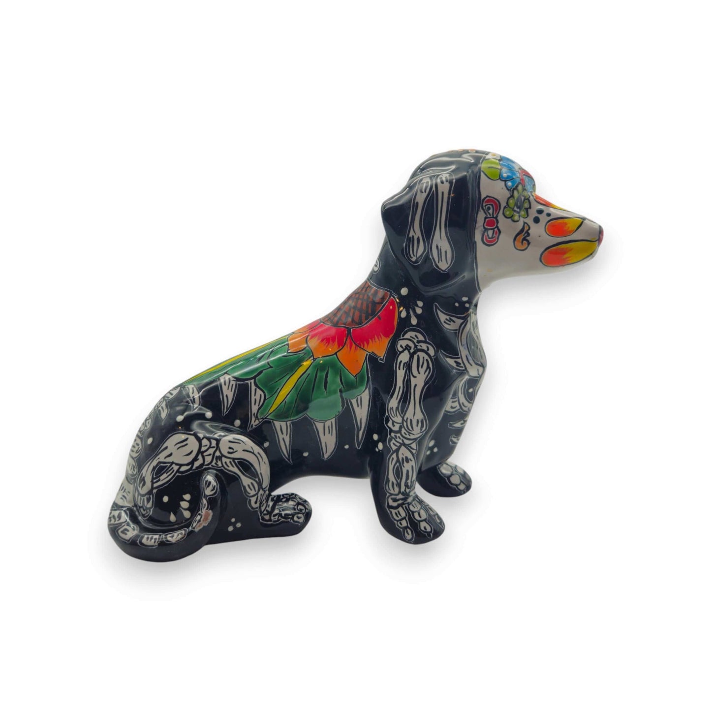 Talavera Dachshund Figurine | Day of the Dead Ceramic Dog hand-painted black ceramic dachshund with floral Day of the Dead motif