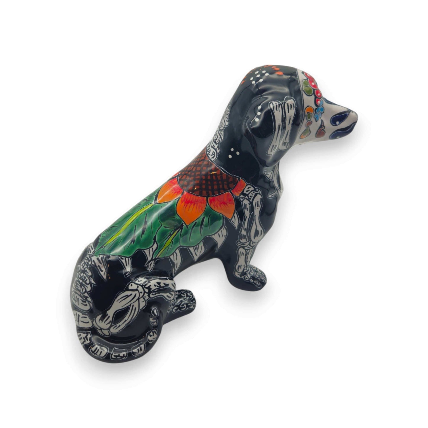 Talavera Dachshund Figurine | Day of the Dead Ceramic Dog hand-painted black ceramic dachshund with floral Day of the Dead skull motifs