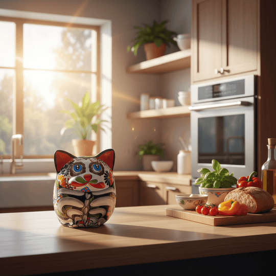 Talavera Fat Cat Planter | Day of the Dead Ceramic Art hand-painted cat planter on kitchen counter with floral Day of the Dead motif