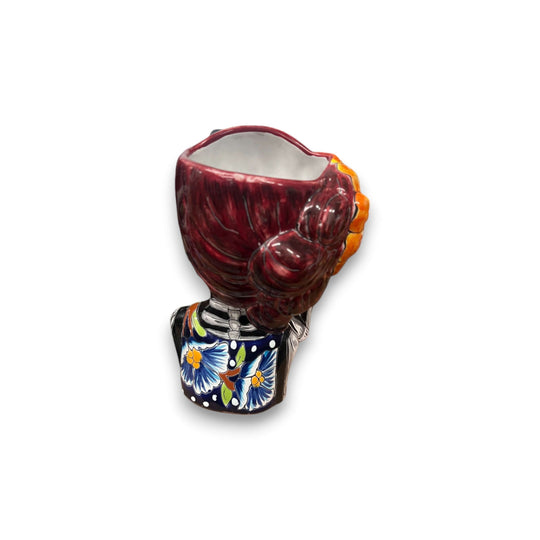 Talavera Day of the Dead Face Planter | Handmade Skull Ceramic Pot — hand-painted female sugar skull planter with floral Talavera design