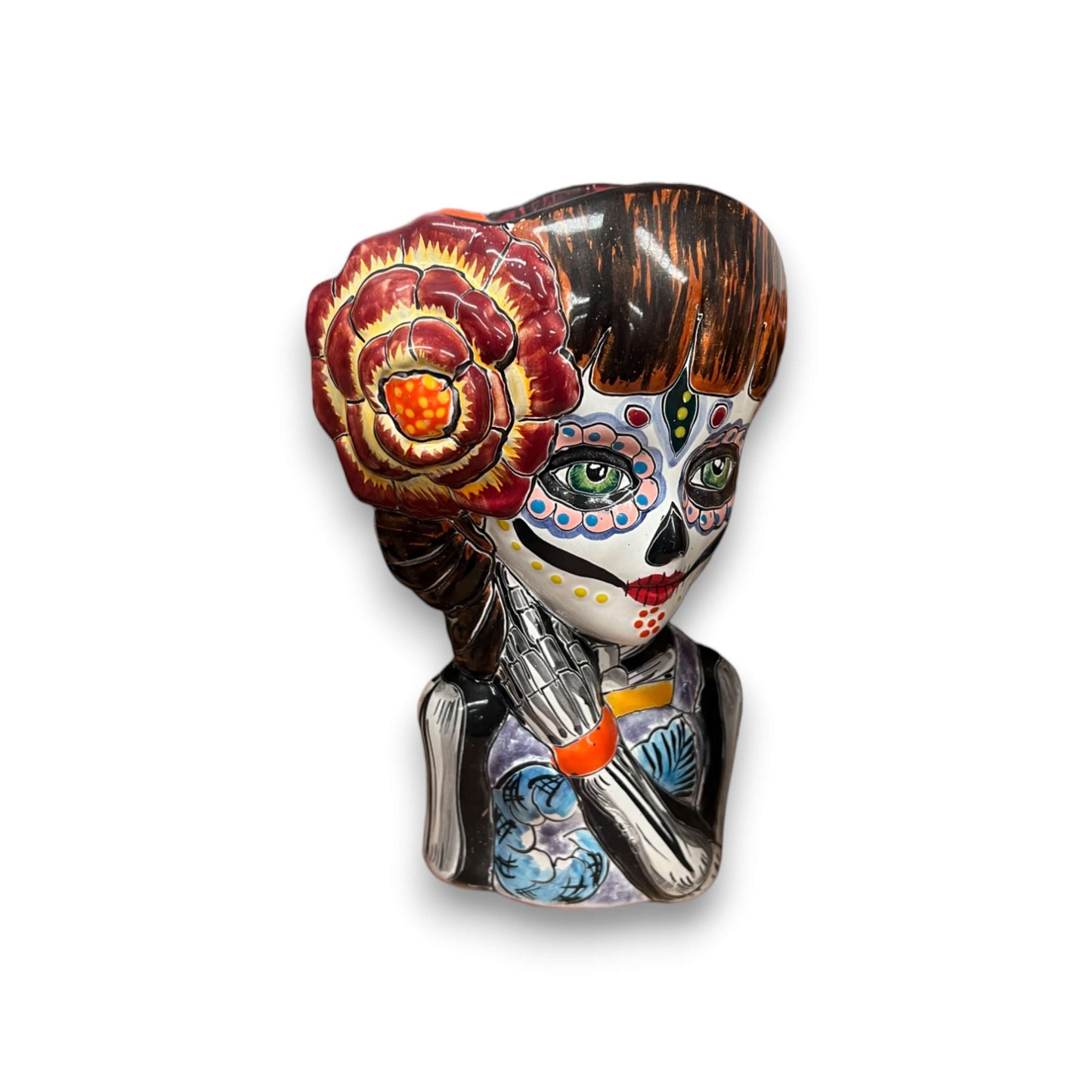 Talavera Day of the Dead Face Planter | Handmade Skull Ceramic Pot hand-painted female sugar skull planter with floral accents