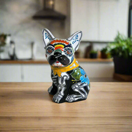 Talavera French Bulldog Statue | Day of the Dead Mexican Decor - hand-painted Talavera bulldog with skull motifs and floral accents, handcrafted in Guanajuato