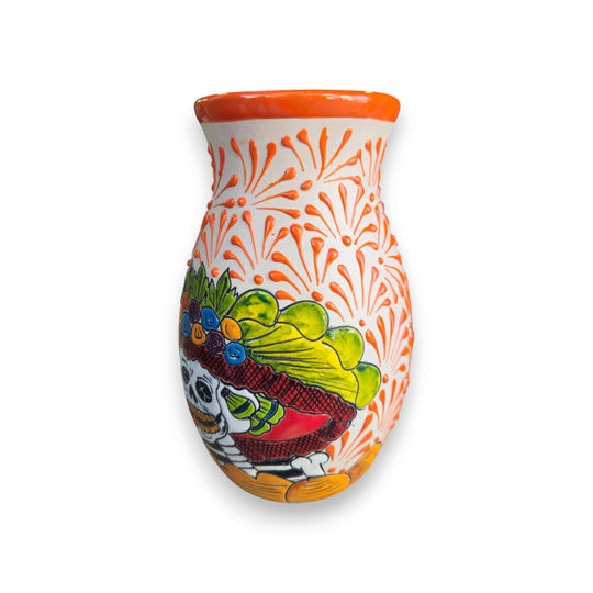 Talavera Day of the Dead Relief Vase | Hand-Painted Pottery - hand-painted brown vase with white floral relief and colorful Day of the Dead skull motif