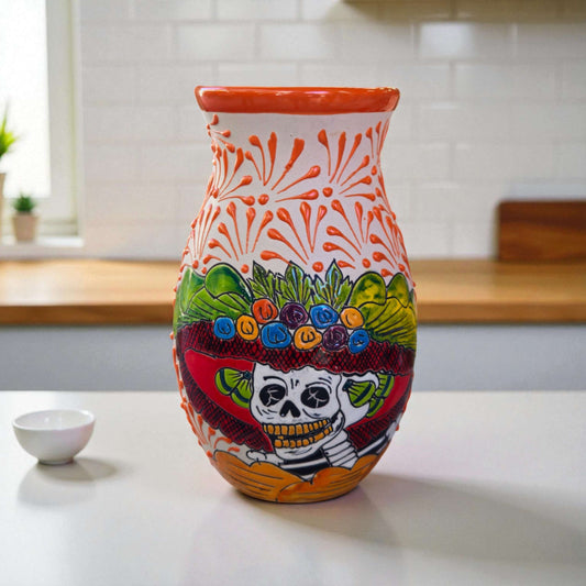 Talavera Day of the Dead Relief Vase | Hand-Painted Pottery hand-painted brown vase with white floral relief and colorful skull motif