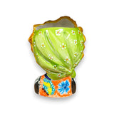 Colorful Talavera Lady Skull Planter | Day of the Dead Decor - hand-painted Talavera lady skull planter with yellow textured hair, green floral headscarf, butterfly detail