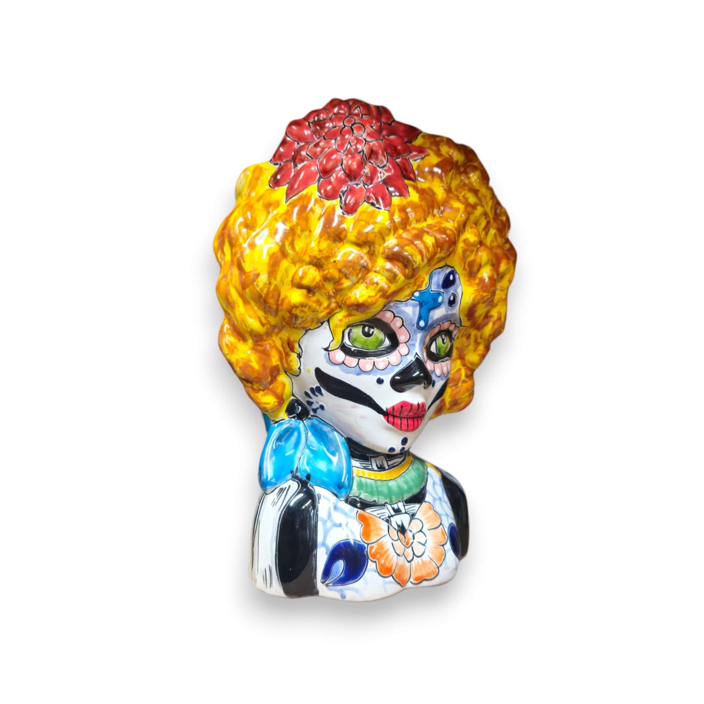 Colorful Talavera Lady Skull Planter | Day of the Dead Decor hand-painted Mexican ceramic lady skull planter with yellow hair and floral accents