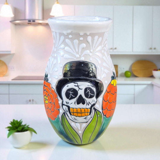 Talavera Day of the Dead Relief Vase | Hand-Painted Pottery white floral relief vase with skull and orange marigolds, hand-painted Mexican pottery